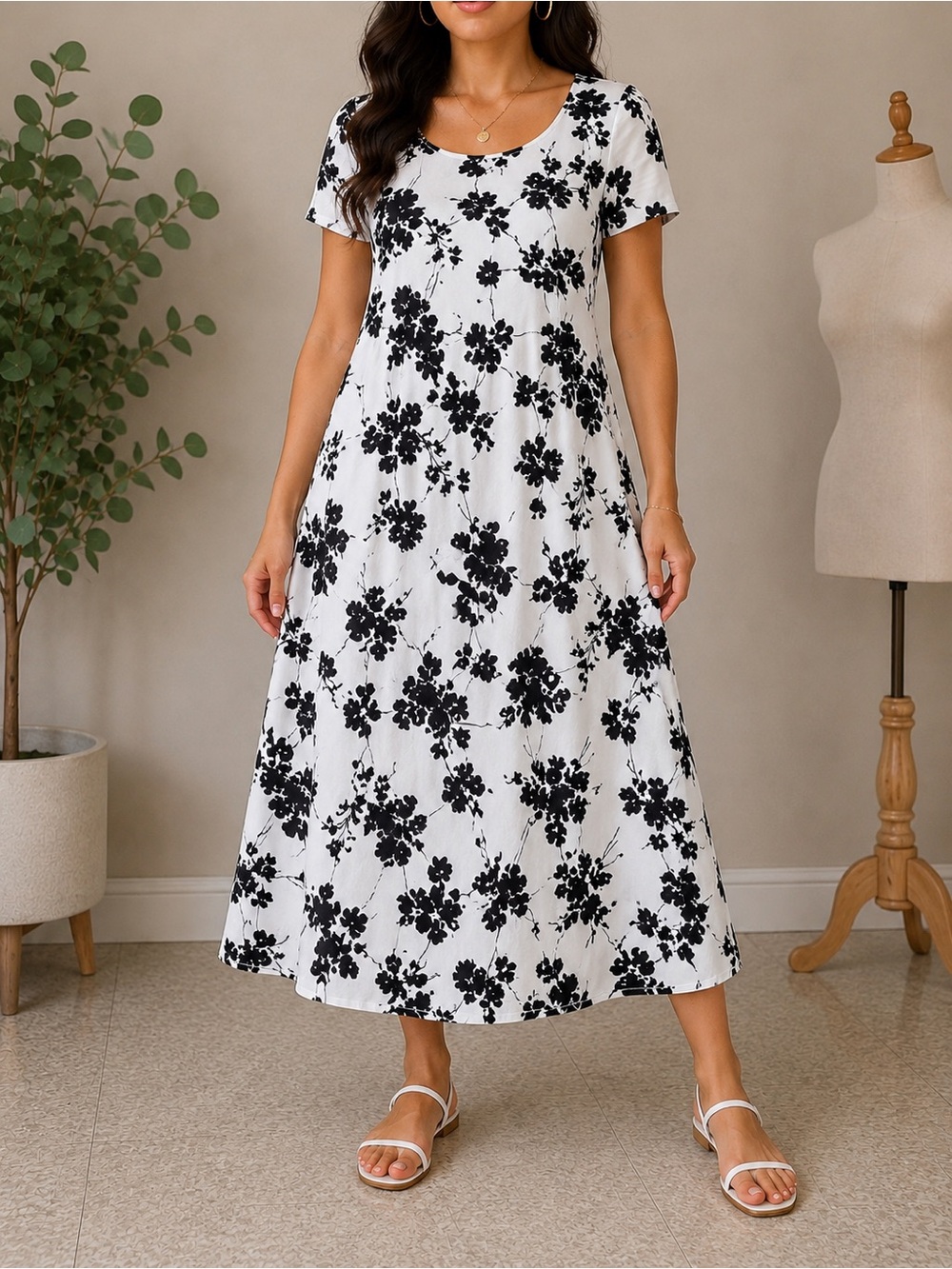 Casual Black & White Floral Maxi Dress with Scoop Neck